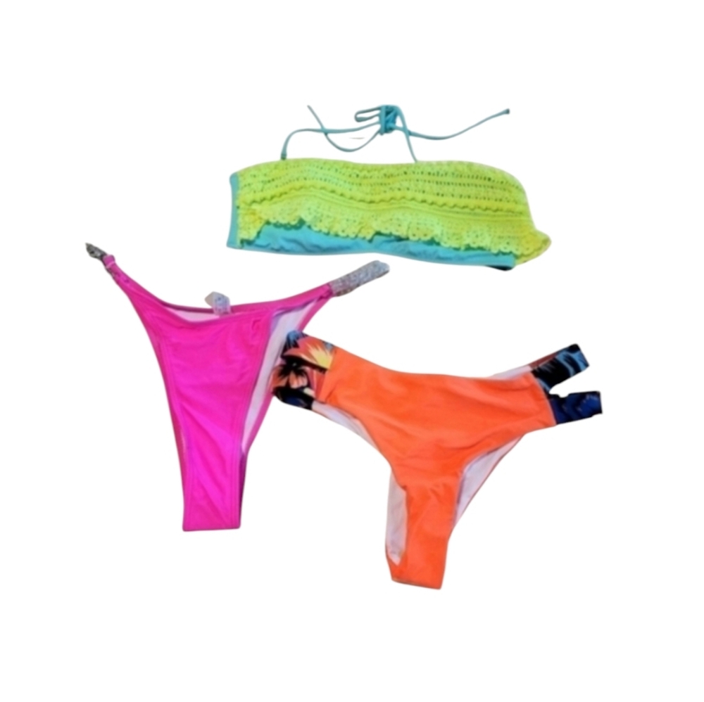 Victoria's Secret & Shein Neon Bikini Set - Pink, Orange Rhinestones Size Small